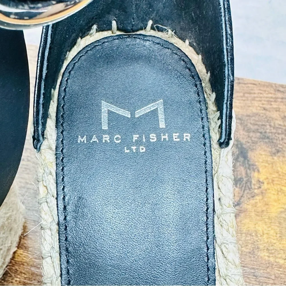 Marc Fisher Andrew Espadrille Wedge Sandals Black White Woven Platform Sz 6 Euro
